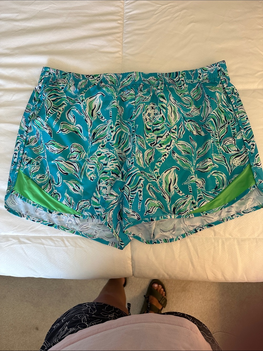 Lilly Pulitzer Teal Floral Athletic Shorts with Lime Panels